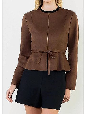 THML Suede Zipper Jacket With Tie Waist in Brown (view 2)