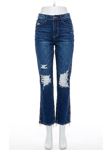 Judy Blue High Waist Rigid Magic Heavy Destroy Straight Jeans in Dark Wash (view 1)