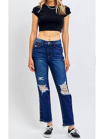 Judy Blue High Waist Rigid Magic Heavy Destroy Straight Jeans in Dark Wash (view 2)