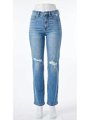 Judy Blue High Waist Tummy Control Knee Destroy Straight Jeans in Medium Wash (view 1)