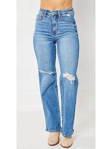 Judy Blue High Waist Tummy Control Knee Destroy Straight Jeans in Medium Wash (view 2)