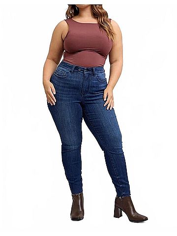 Judy Blue Mid Rise Raw Hem Skinny Denim Jeans - Plus in Dark Wash (view 2)