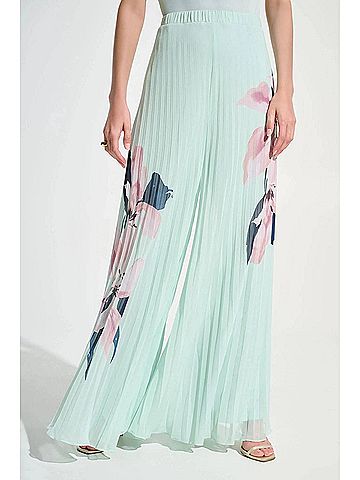 Joseph Ribkoff Chiffon Floral Pleated Wide Leg Pants in Green/Multi (view 2)