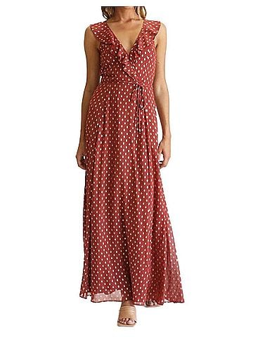 Fate Polka Dot Ruffle Maxi Dress in Rust (view 2)
