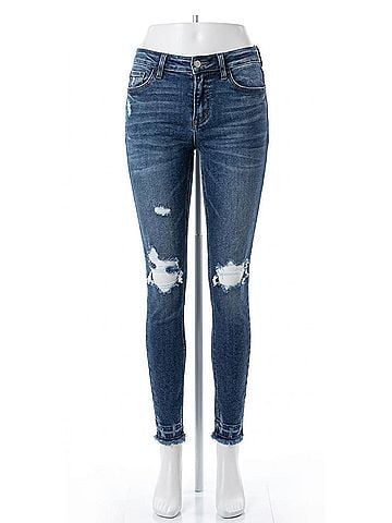 Vervet Distressed Mid Rise Frayed Hem Jean in Dark Wash (view 1)
