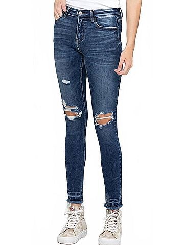 Vervet Distressed Mid Rise Frayed Hem Jean in Dark Wash (view 2)