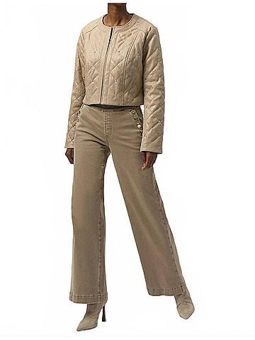 Joseph Ribkoff Faithlynn Foiled Faux Suede Diamond Quilt Studded Jacket in Fawn (view 2)