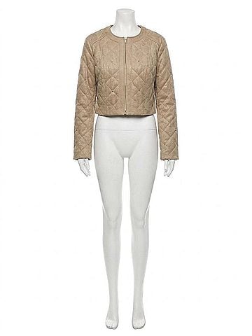 Joseph Ribkoff Faithlynn Foiled Faux Suede Diamond Quilt Studded Jacket in Fawn (view 1)