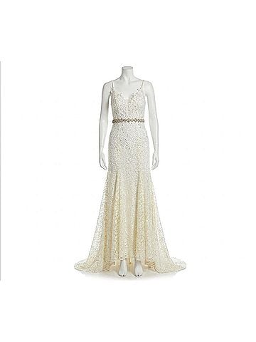 Mac Duggal Women's Plunge Neck Trumpet Gown in Ivory (view 1)