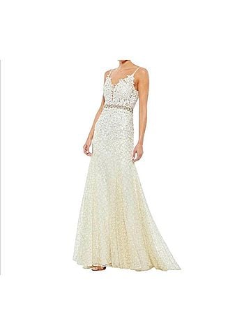 Mac Duggal Women's Plunge Neck Trumpet Gown in Ivory (view 2)