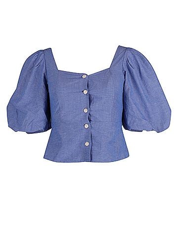 Sandro Sandro Mayan Puffed Sleeve Shirred Top in Blue Cotton (view 1)