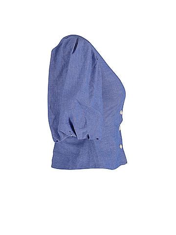 Sandro Sandro Mayan Puffed Sleeve Shirred Top in Blue Cotton (view 2)