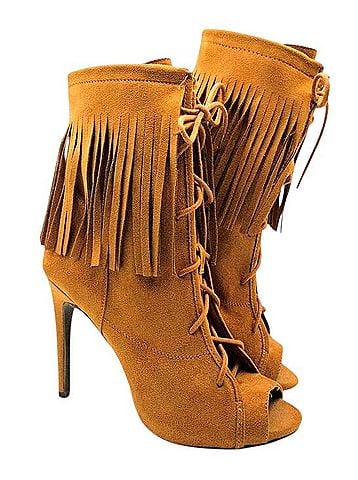 Wild Diva Faux Suede Fringe Lace-Up Open Toe Bootie Heels Boots (view 2)