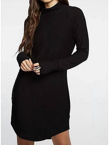 Chaser Knit Raglan Turtleneck Shirttail Mini Dress in Black (view 2)