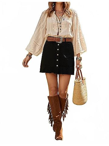 She + Sky Women's Button Down Front Washed Twill Skirt in Black (view 2)