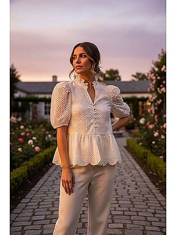 Entro Women's Puff Sleeeve Top in Cream (view 2)