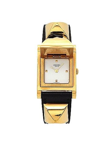 Hermès Hermes Medor Women's Watch, Pyramid Design, Gold Studs, White &amp; Black Leather Strap, Quartz Movement. (view 1)