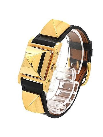 Hermès Hermes Medor Women's Watch, Pyramid Design, Gold Studs, White &amp; Black Leather Strap, Quartz Movement. (view 2)