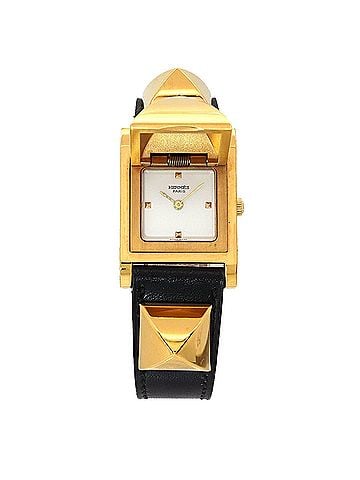 Hermès Hermes Medor Women's Watch, Pyramid Design, Gold Studs, White &amp; Black Leather Strap, Quartz Movement. (view 1)
