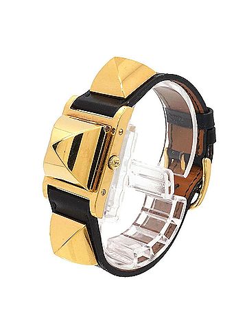 Hermès Hermes Medor Women's Watch, Pyramid Design, Gold Studs, White &amp; Black Leather Strap, Quartz Movement. (view 2)