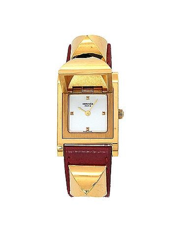 Hermès Hermes Medor Women's Watch, Pyramid Design, Gold Studs, White and Red Leather Strap, Quartz Movement. (view 1)