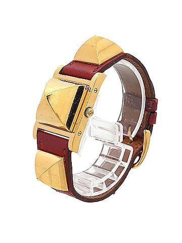 Hermès Hermes Medor Women's Watch, Pyramid Design, Gold Studs, White and Red Leather Strap, Quartz Movement. (view 2)