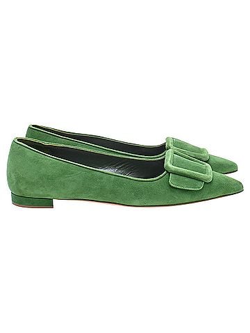 Manolo Blahnik Manolo Blahnik Maysale Point-Toe Flats in Green Suede (view 1)