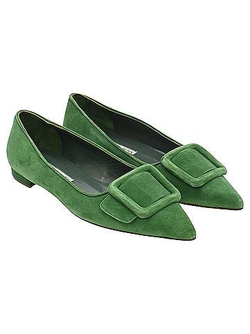 Manolo Blahnik Manolo Blahnik Maysale Point-Toe Flats in Green Suede (view 2)
