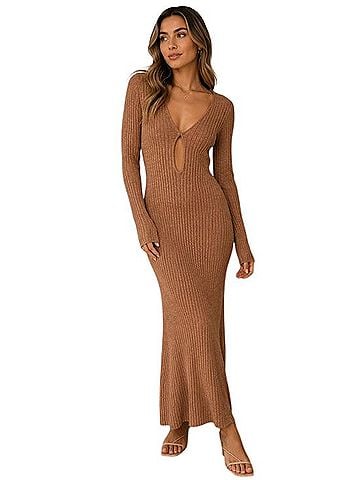 AFRM Java Taupe Ribbed Knit Cutout Maxi Dress Casual Dress (view 1)