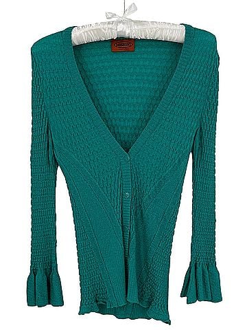 Missoni 1990s Vintage Orange Label Bell Sleeve V-Neck Top Textured Knit Teal Y2K Indie Cardigan (view 2)