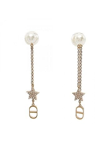 Christian Dior Christian Dior Dior Tribal CD Logo Earrings, Gold Plated (GP), Faux Pearl, Rhinestone, Women's, Gold, White, Clear. (view 1)