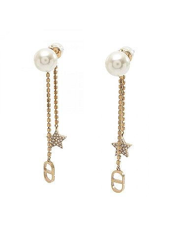 Christian Dior Christian Dior Dior Tribal CD Logo Earrings, Gold Plated (GP), Faux Pearl, Rhinestone, Women's, Gold, White, Clear. (view 2)