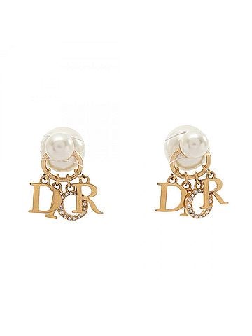 Christian Dior Christian Dior Dior Tribales Tribal Earrings, Gold Plated (GP), Faux Pearl, Rhinestone, Women's, White/Clear (view 1)