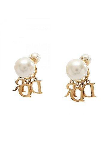 Christian Dior Christian Dior Dior Tribales Tribal Earrings, Gold Plated (GP), Faux Pearl, Rhinestone, Women's, White/Clear (view 2)