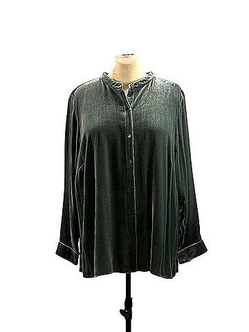 Eileen Fisher Velvet Band Collar Longline Button Up Shirt Long Sleeve Top (view 1)