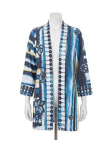MULTIPLES Stripe And Floral Kimono Cardigan in Blue, Yellow, White (view 1)