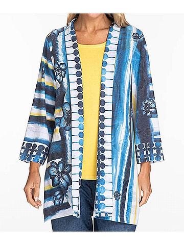 MULTIPLES Stripe And Floral Kimono Cardigan in Blue, Yellow, White (view 2)