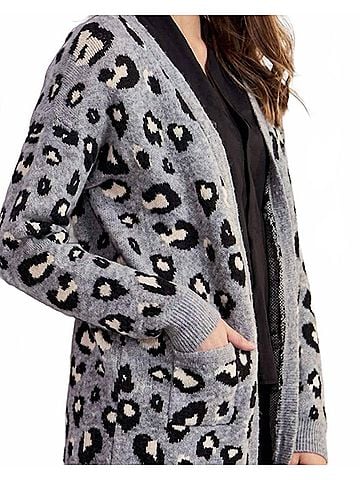 Charlie Paige Leopard Long Cardigan in Grey (view 2)