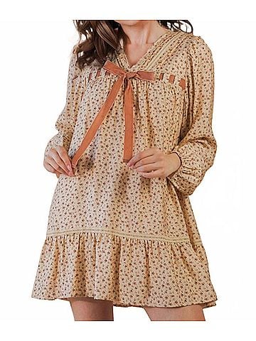 Very J Floral Printed Front Bow Mini Dress in Champagne (view 2)