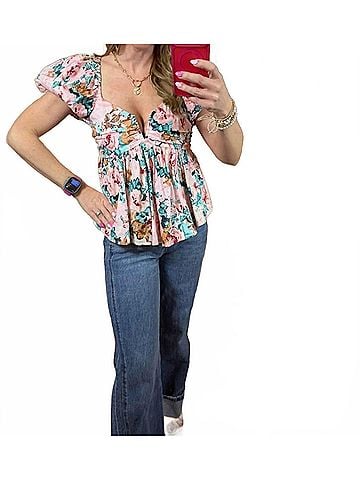 Buddy Love Puff Sleeve Sweetheart Neckline Top in Floral Print (view 2)