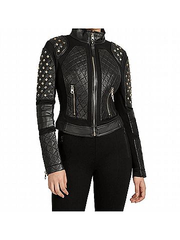 Blanc Noir Pyramid Stud Mesh Genuine Leather Moto Jacket in Black (view 2)