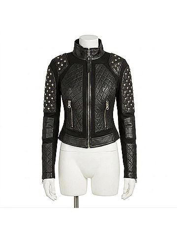 Blanc Noir Pyramid Stud Mesh Genuine Leather Moto Jacket in Black (view 1)