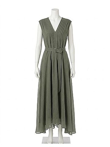 Brunello Cucinelli Crispy Silk Belted Dress With Pleated Detail in Green (view 1)