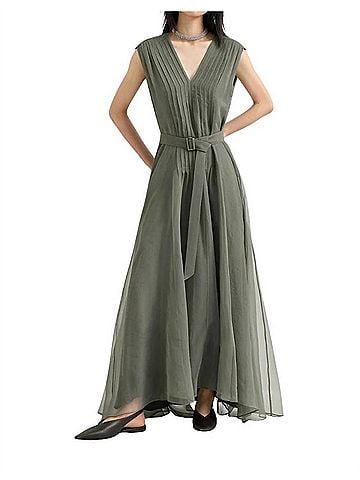 Brunello Cucinelli Crispy Silk Belted Dress With Pleated Detail in Green (view 2)