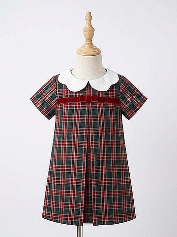 Florence Eiseman Kid's Plaid Dress With Velvet Ribbon in Red/Green (view 2)