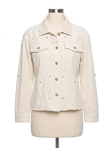 MULTIPLES Cuffed Button Front Fringe Hem Jean Jacket - Plus in White (view 1)