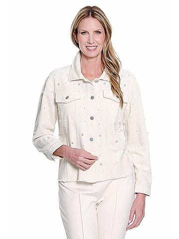 MULTIPLES Cuffed Button Front Fringe Hem Jean Jacket - Plus in White (view 2)