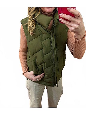 Very J Mock Neck Casual Zigzag Quilted Puffer Vest in Olive (view 2)