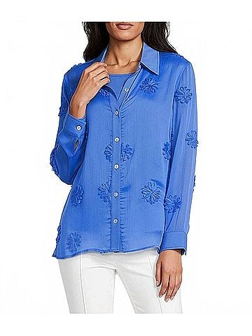 MULTIPLES Button Front Top With Floral Trim And Knit Tank in French Blue (view 2)