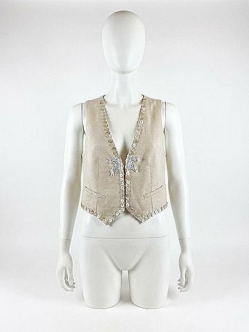 forte_forte Women's Viscose Wool Slub Pearl Embroidered Vest in Dune (view 2)